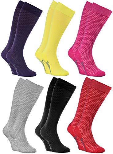 Rainbow Socks - Mujer Los Calcetines Largos Calados Finos de Algodón - 6 Pares - Violeta, Amarillo, Rosa, Gris, Azul Marino, Rojo - Tamaños 39-41