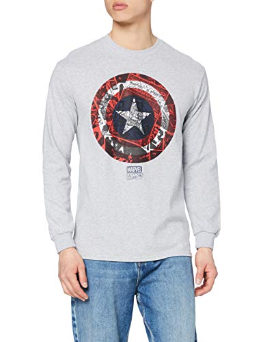 Marvel Escudo del cómic del Capitán América Camiseta de Manga Larga, Gris (Sport Grey), M para Hombre