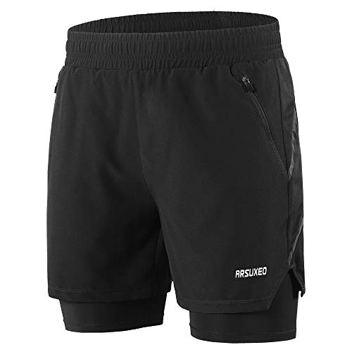 Lixada Hombres Pantalónes Cortos de Running 2-en-1,Atletismo/Fitness/Maratón,Transpirable+Secado Rápido, Talla L,Color Negro