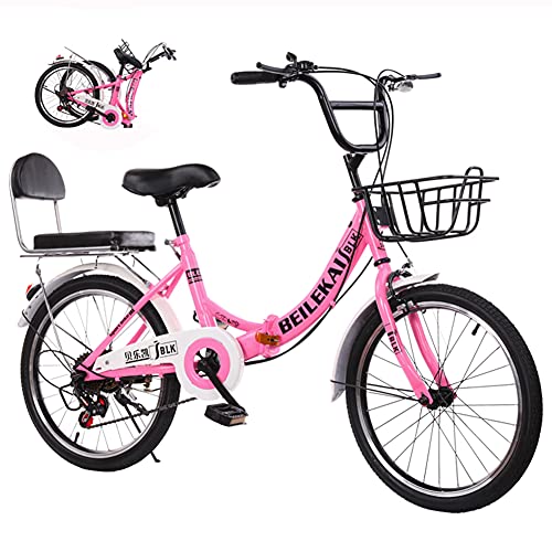 SHANJ Bicicleta Plegable para Miños de 20 a 24 Pulgadas, 7 Velocidades, Bicicleta de Ruta Portátil para Exteriores para Niños y Niñas, Adolescentes, con Asiento Trasero y Cesta